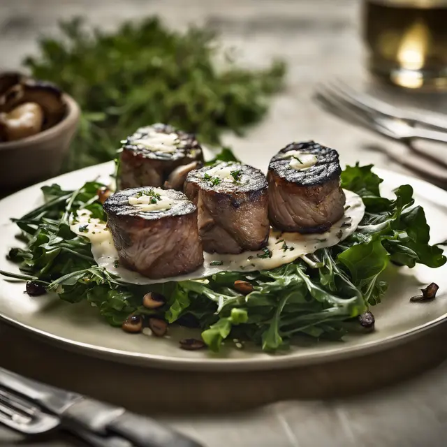 Foto de Filet Mignon Rolls on Toasted Leafy Greens