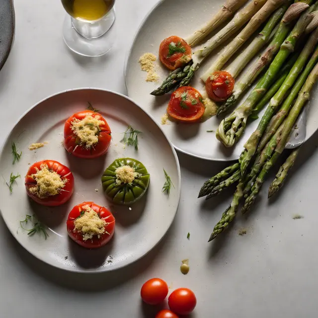 Foto de Stuffed Tomatoes with Cassava Flour, Palm Heart, and Asparagus